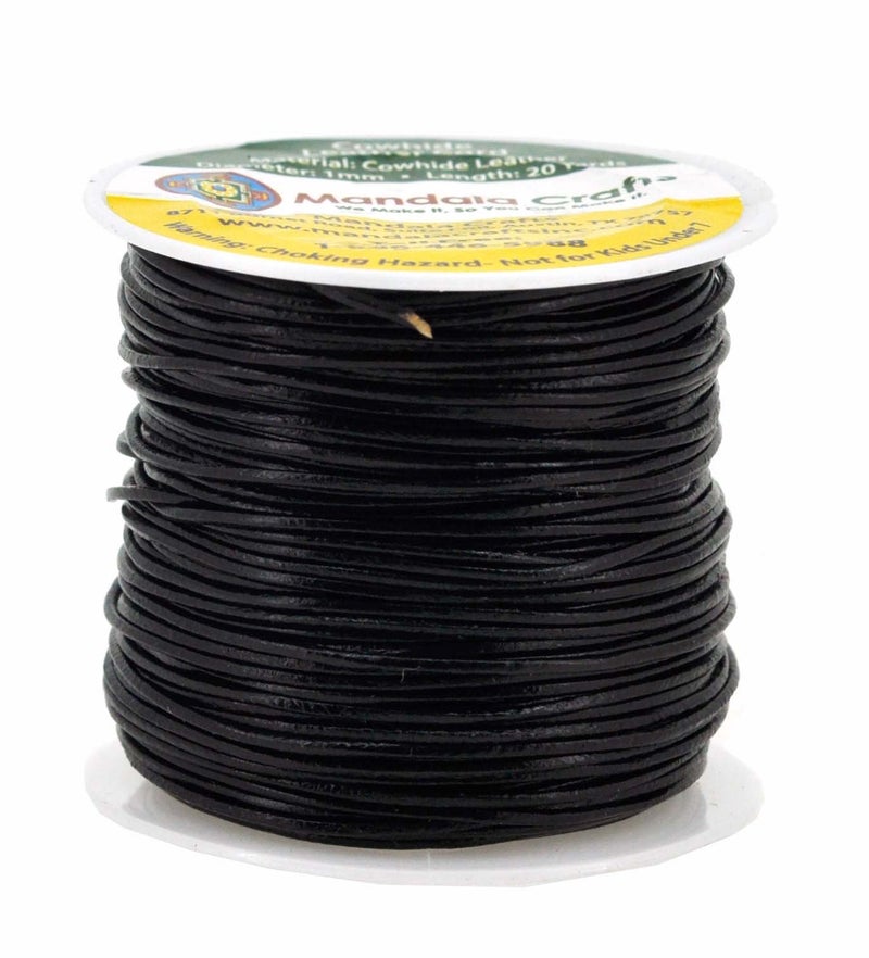 Mandala Crafts Round Cowhide Genuine Black Leather Cord for Jewelry Making Kumihimo Leather Rope Spool - Black Leather String Lace - 20 Yds 1mm Leather Cording - Image 1