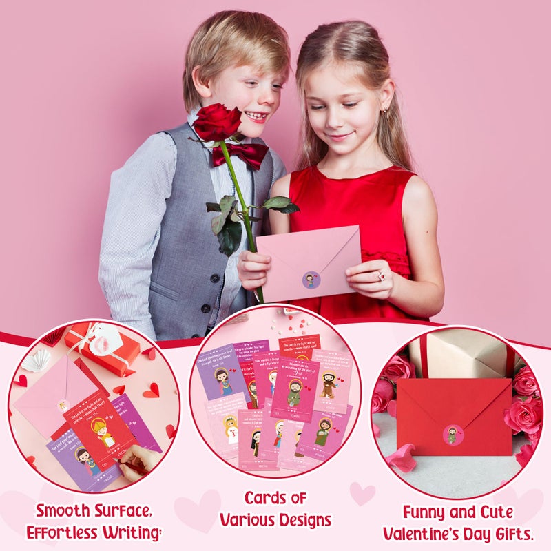 TICIAGA 72pcs Valentine's Day Catholic Church Greeting Card with Envelop for Kids, Religious Character Sticker Bible Notecard Exchange Gift for Boy Girl Sunday School Christian Classroom Party Favor - Image 4