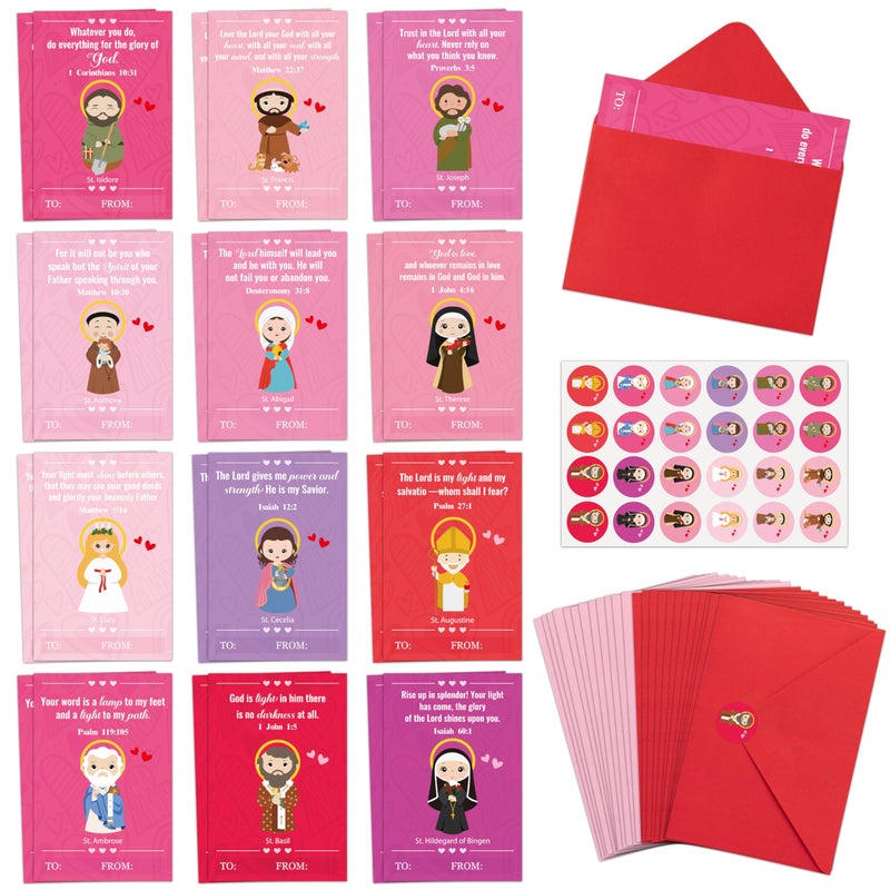 TICIAGA 72pcs Valentine's Day Catholic Church Greeting Card with Envelop for Kids, Religious Character Sticker Bible Notecard Exchange Gift for Boy Girl Sunday School Christian Classroom Party Favor - Image 1
