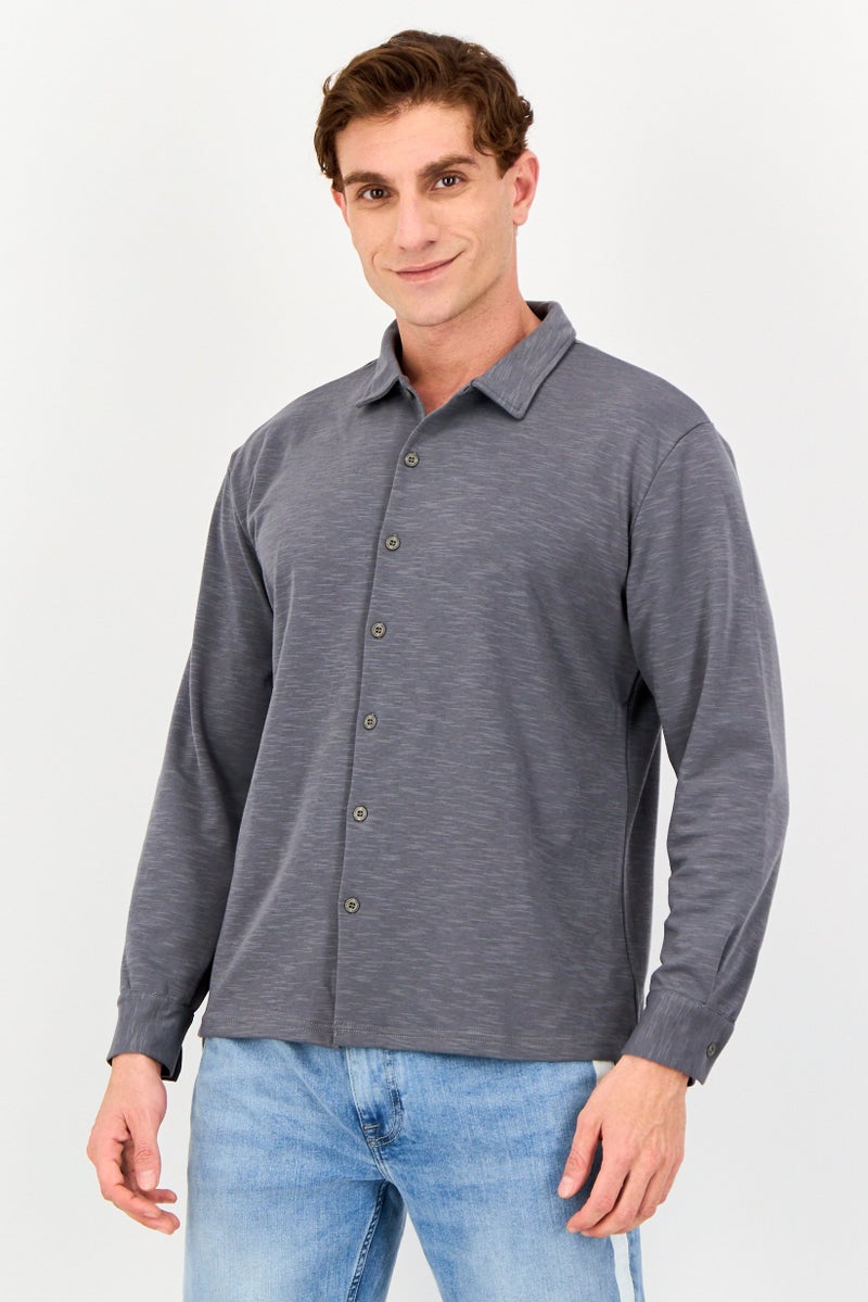 Core Elements Men Regular Fit Plain Long Sleeve Casual Shirt, Grey - Image 1