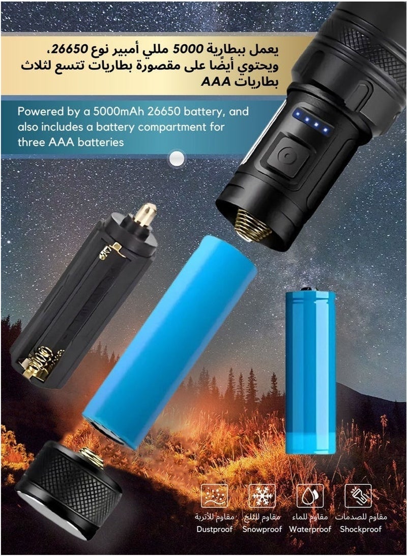 Flashlight for Camping | 7 Modes High Lumens Waterproof and Shockproof Torch Light | 1000 Meters Zoomable 30W LED Camping Accessory | 5000mAh Rechargeable Battery for Up to 10-Hour Usage | Emergency Power Bank for Hiking Emergency Hunting - Image 5