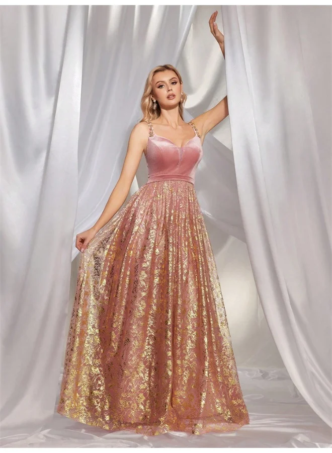 Madam Uniq Elegant Pink - Purple Velvet & Gold - Jacquard Gown, Spaghetti - Strap & A - Line Skirt, Formal Evening Dress