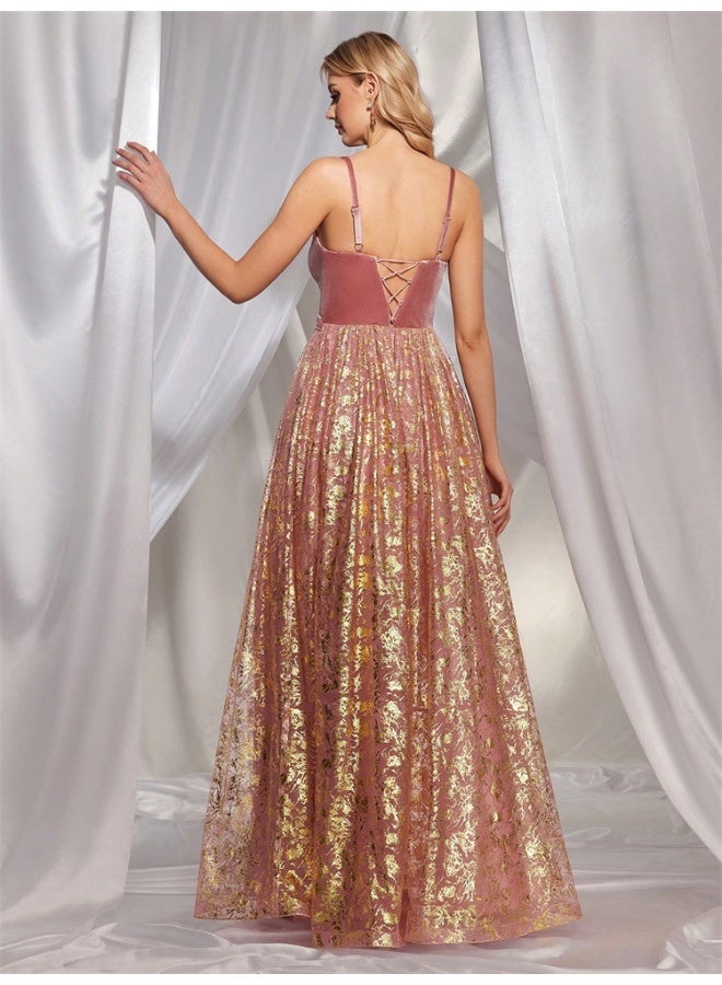Madam Uniq Elegant Pink - Purple Velvet & Gold - Jacquard Gown, Spaghetti - Strap & A - Line Skirt, Formal Evening Dress - Image 2