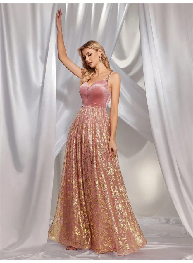 Madam Uniq Elegant Pink - Purple Velvet & Gold - Jacquard Gown, Spaghetti - Strap & A - Line Skirt, Formal Evening Dress