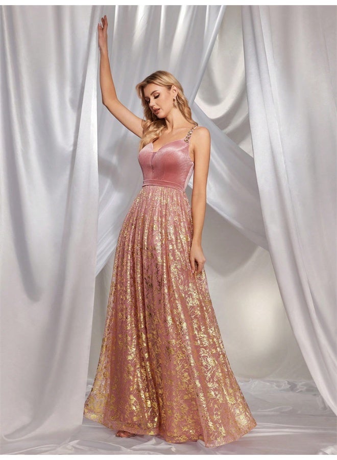 Madam Uniq Elegant Pink - Purple Velvet & Gold - Jacquard Gown, Spaghetti - Strap & A - Line Skirt, Formal Evening Dress - Image 4