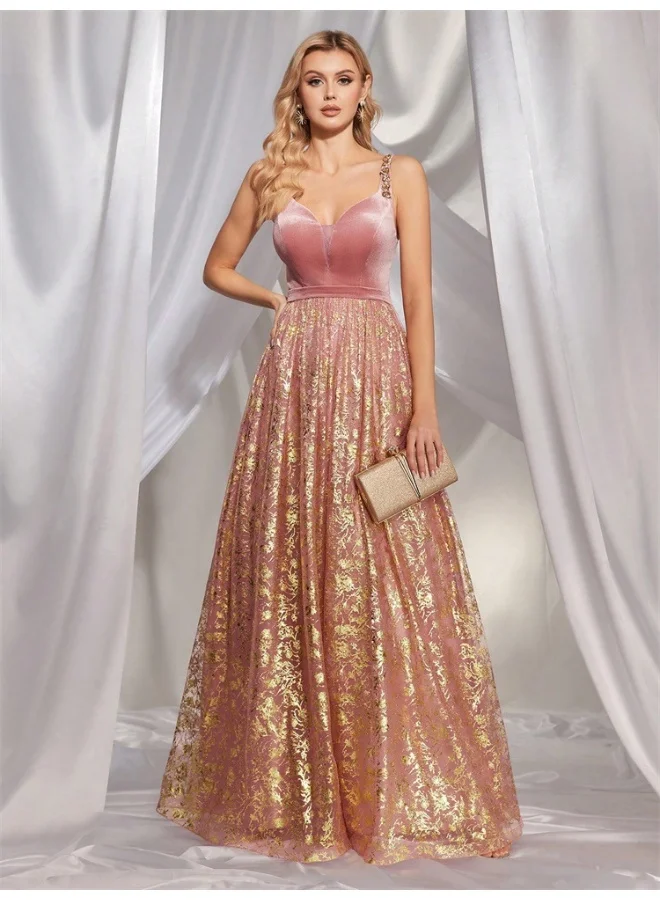 Madam Uniq Elegant Pink - Purple Velvet & Gold - Jacquard Gown, Spaghetti - Strap & A - Line Skirt, Formal Evening Dress
