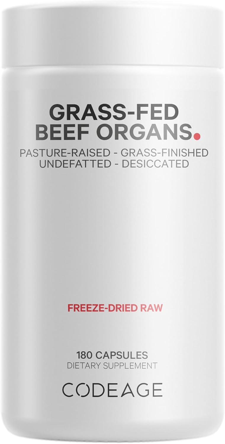 Codeage Grass Fed Beef Organs Supplement  Glandulars Supplements  Freeze Dried NonDefatted Desiccated Liver Heart Kidney Pancreas  Spleen Bovine Pills  Beef Vitamins  NonGMO 180 Capsules - Image 1