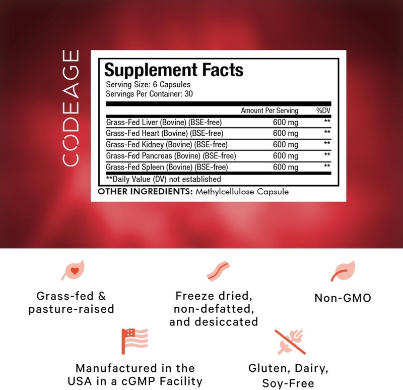 Codeage Grass Fed Beef Organs Supplement  Glandulars Supplements  Freeze Dried NonDefatted Desiccated Liver Heart Kidney Pancreas  Spleen Bovine Pills  Beef Vitamins  NonGMO 180 Capsules - Image 2