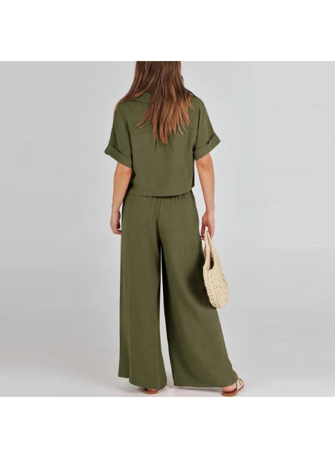 Barbora Elegant Women's T-Shirt and Long Pants Top and Bottom Two Piece Set V Neck Short Sleeve Casual Casual Dress LN27HAKI - Image 3