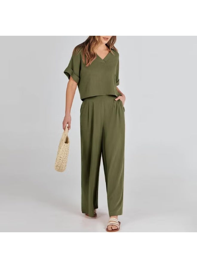 Barbora Elegant Women's T-Shirt and Long Pants Top and Bottom Two Piece Set V Neck Short Sleeve Casual Casual Dress LN27HAKI - Image 4