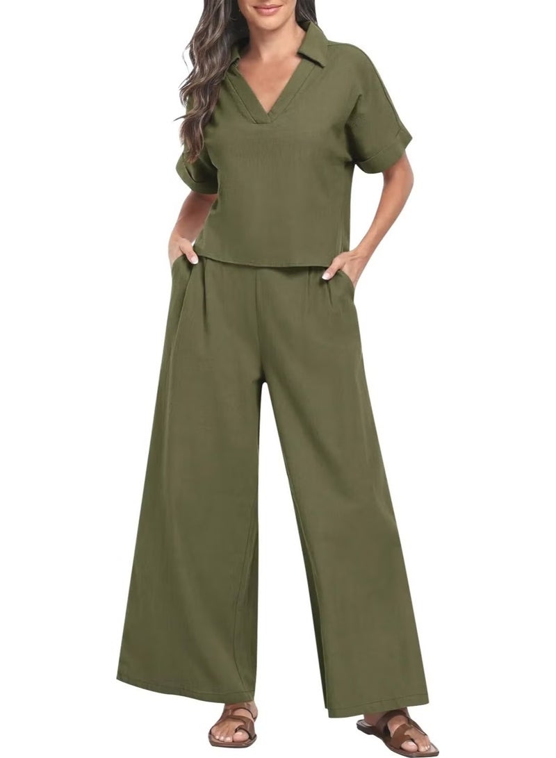 Barbora Elegant Women's T-Shirt and Long Pants Top and Bottom Two Piece Set V Neck Short Sleeve Casual Casual Dress LN27HAKI - Image 1