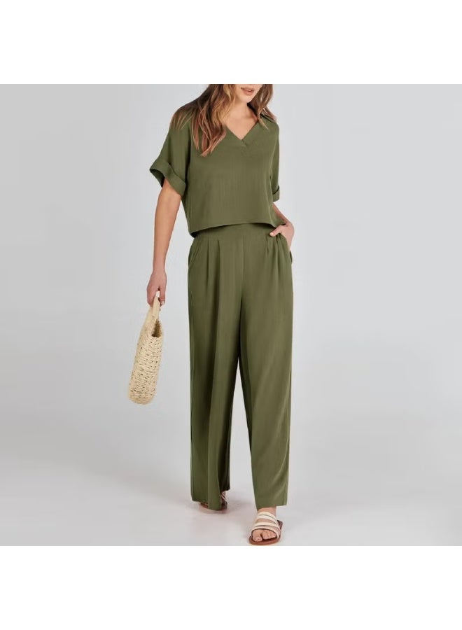 Barbora Elegant Women's T-Shirt and Long Pants Top and Bottom Two Piece Set V Neck Short Sleeve Casual Casual Dress LN27HAKI - Image 2