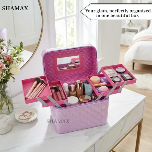 SHAMAX Spacious Cosmetic Make Up Trousseau Box Vanity Beauty Case Organizer for Wedding Bride Makeup Case 4 Trays Foldable, Vanity Case (Large) Dual Zipper & Hd Mirror Mini Luggage (Purple) - Image 4