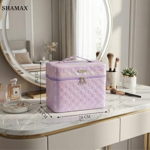 SHAMAX Spacious Cosmetic Make Up Trousseau Box Vanity Beauty Case Organizer for Wedding Bride Makeup Case 4 Trays Foldable, Vanity Case (Large) Dual Zipper & Hd Mirror Mini Luggage (Purple) - Image 3