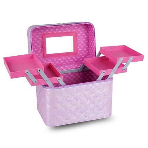 SHAMAX Spacious Cosmetic Make Up Trousseau Box Vanity Beauty Case Organizer for Wedding Bride Makeup Case 4 Trays Foldable, Vanity Case (Large) Dual Zipper & Hd Mirror Mini Luggage (Purple) - Image 5