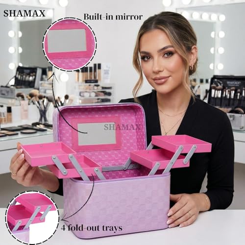 SHAMAX Spacious Cosmetic Make Up Trousseau Box Vanity Beauty Case Organizer for Wedding Bride Makeup Case 4 Trays Foldable, Vanity Case (Large) Dual Zipper & Hd Mirror Mini Luggage (Purple) - Image 2