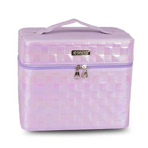 SHAMAX Spacious Cosmetic Make Up Trousseau Box Vanity Beauty Case Organizer for Wedding Bride Makeup Case 4 Trays Foldable, Vanity Case (Large) Dual Zipper & Hd Mirror Mini Luggage (Purple) - Image 1