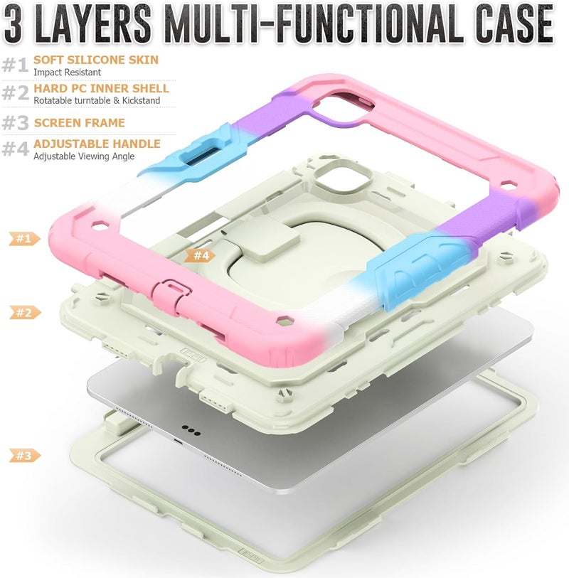 YUANSHXM-Case for iPad Pro 11-inch (M4, 2024 Release), 3 Layers Upgraded All-Inclusive Heavy Duty Protection Case with 360 Rotating Multi Functional Handle Ring & Stand & Shoulder Strap (I) - Image 3