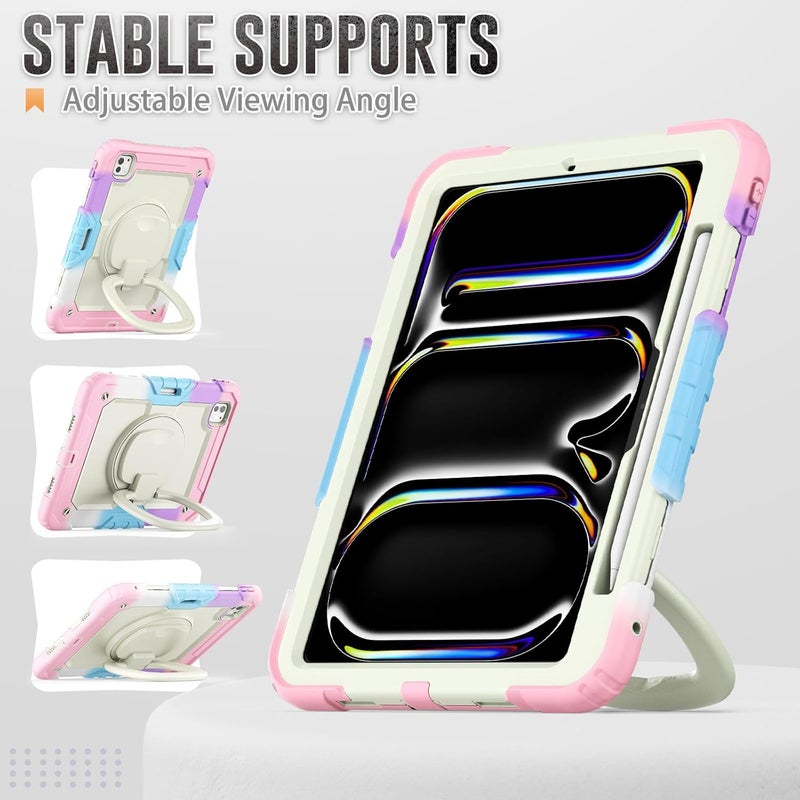 YUANSHXM-Case for iPad Pro 11-inch (M4, 2024 Release), 3 Layers Upgraded All-Inclusive Heavy Duty Protection Case with 360 Rotating Multi Functional Handle Ring & Stand & Shoulder Strap (I) - Image 4