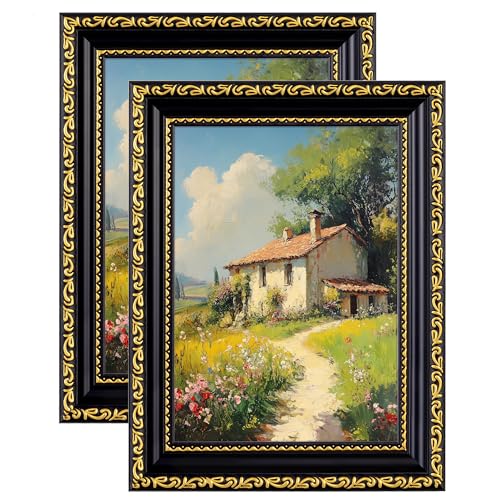 eletecpro 5x7 Picture Frames Set of 2 Vintage Frame with Glass Cover Retro Photo Frames Display 4x6 Photo with Mat or 5x7 without Mat for Tabletop or Wall Decor Black Gold - Image 1