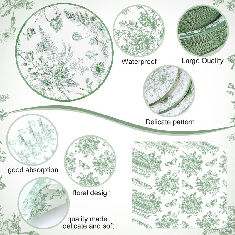 Funnymoom 400 Pcs Green Floral Party Supplies for 50 Guests White Green Flower Disposable Plates Napkins Cups Spoons Forks Knives for Wedding Garden Tea Party Bridal Baby Shower(Sage Green  Floral) - Image 2
