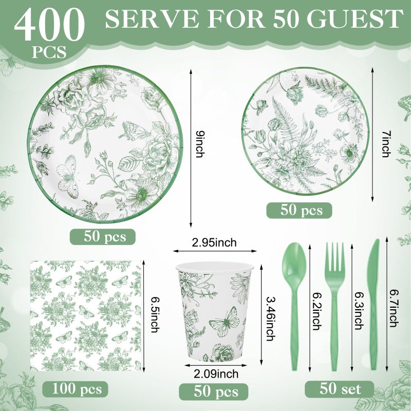 Funnymoom 400 Pcs Green Floral Party Supplies for 50 Guests White Green Flower Disposable Plates Napkins Cups Spoons Forks Knives for Wedding Garden Tea Party Bridal Baby Shower(Sage Green  Floral) - Image 1