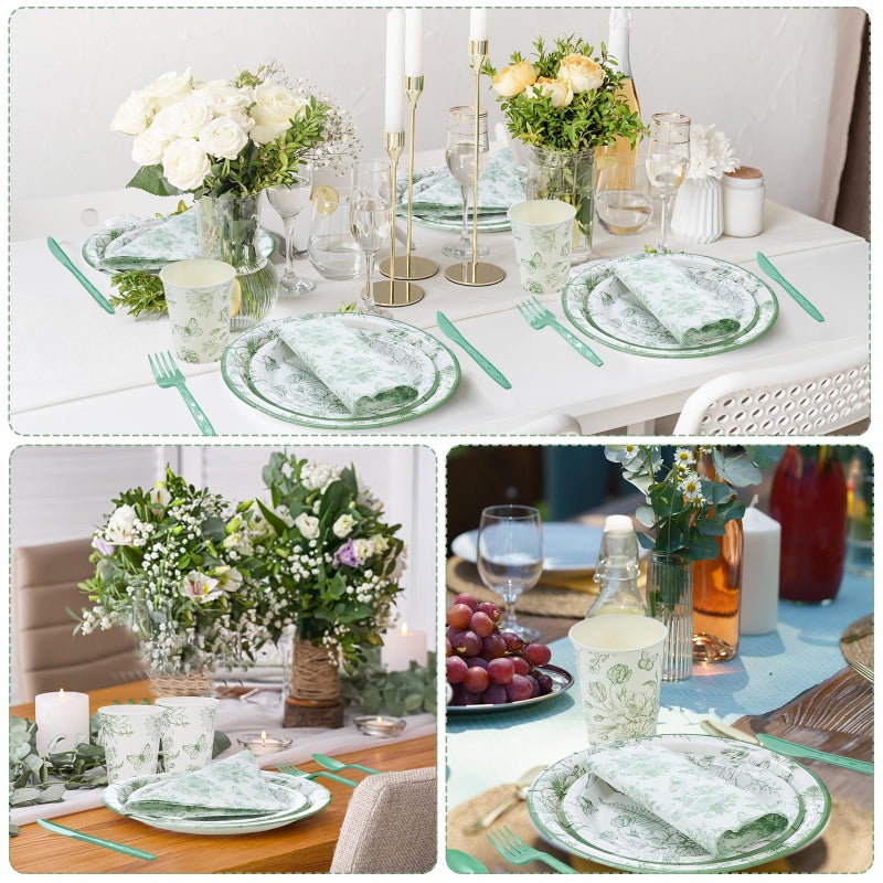 Funnymoom 400 Pcs Green Floral Party Supplies for 50 Guests White Green Flower Disposable Plates Napkins Cups Spoons Forks Knives for Wedding Garden Tea Party Bridal Baby Shower(Sage Green  Floral) - Image 4