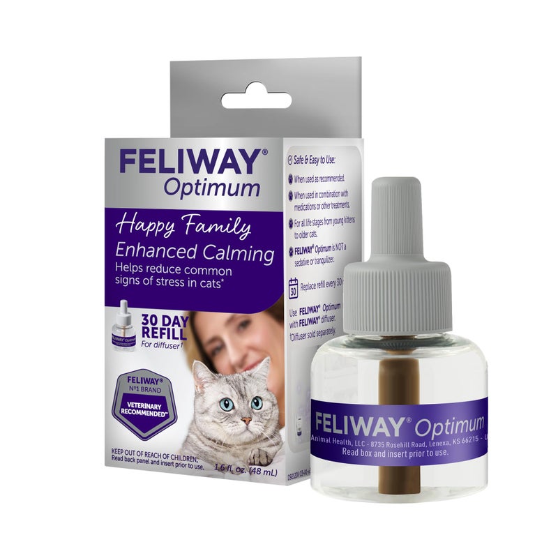 Feliway فيلواي® أوبتيموم 30 يوم إعادة تعبئة مهدئ للقطط لموزع الفيرومونات، 48 مل - يساعد في تقليل علامات التوتر الشائعة في القطط والهررة، تهدئة محسّنة - Image 1