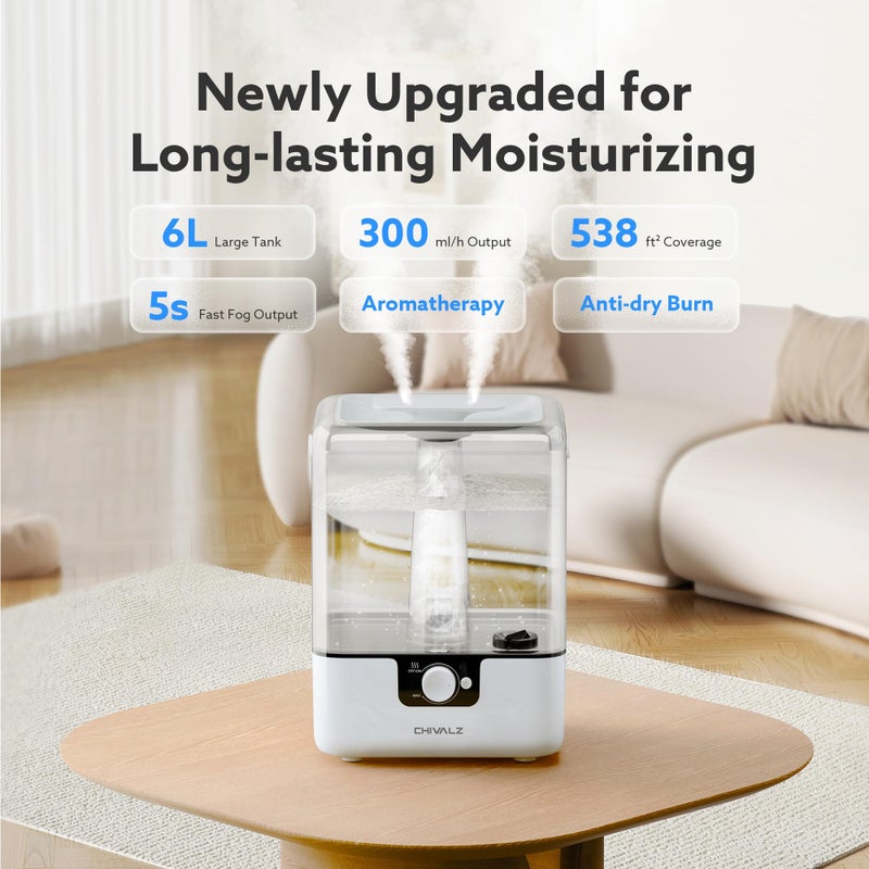 CHIVALZ Humidifiers for Bedroom Large Room Home, 6L Cool Mist Humidifier for Baby and Plant, Oil Diffuser, Top Fill Humidifier with Night Light, Quiet 26dB, Up to 50H, White 1Pack - Image 2