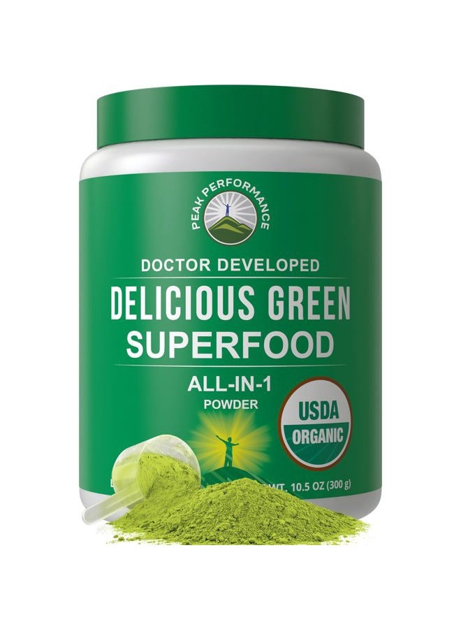 Peak Performance Organic Greens Superfood Powder. Best Tasting Organic Green Juice Vegan Super Food with 25+ All Natural Ingredients for Max Energy and Detox. Spirulina, Spinach, Kale, Probiotics - Image 1