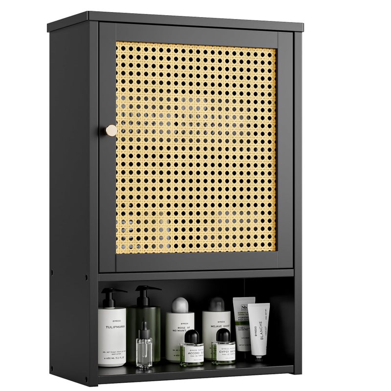 vovala Bathroom Wall Cabinet, Bamboo Over-The-Toilet Storage Organizer with Rattan Doors and Adjustable Shelf, Space Saver Medicine Cabinet for Laundry, Kitchen, Living Room (Black) - Image 1