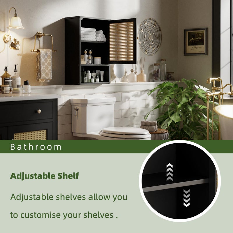vovala Bathroom Wall Cabinet, Bamboo Over-The-Toilet Storage Organizer with Rattan Doors and Adjustable Shelf, Space Saver Medicine Cabinet for Laundry, Kitchen, Living Room (Black) - Image 4