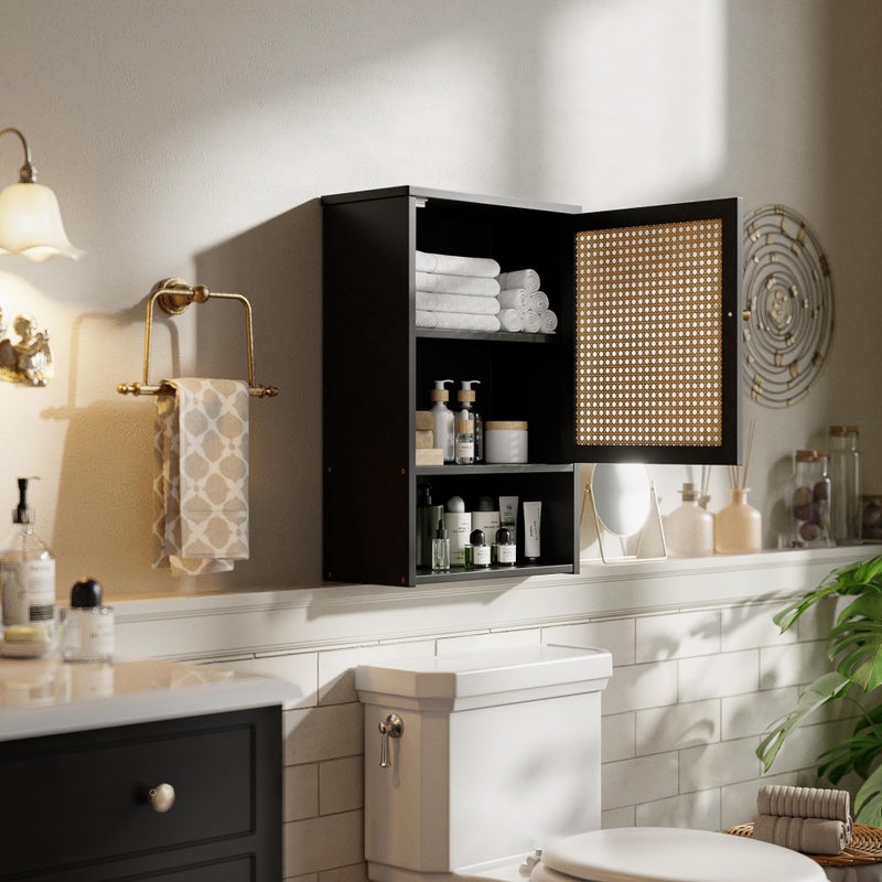 vovala Bathroom Wall Cabinet, Bamboo Over-The-Toilet Storage Organizer with Rattan Doors and Adjustable Shelf, Space Saver Medicine Cabinet for Laundry, Kitchen, Living Room (Black) - Image 2