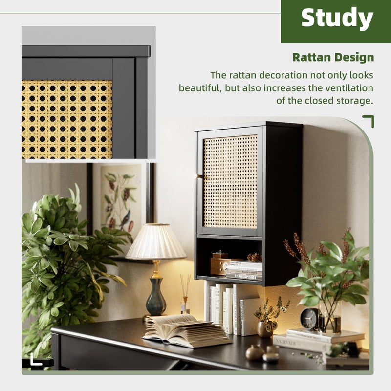 vovala Bathroom Wall Cabinet, Bamboo Over-The-Toilet Storage Organizer with Rattan Doors and Adjustable Shelf, Space Saver Medicine Cabinet for Laundry, Kitchen, Living Room (Black) - Image 5