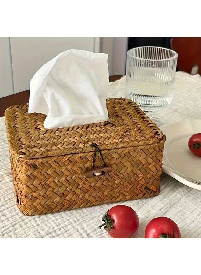 Orange Retro Woven Bamboo Tissue Box Holder Rustic Home Decor Living Room - Image 3