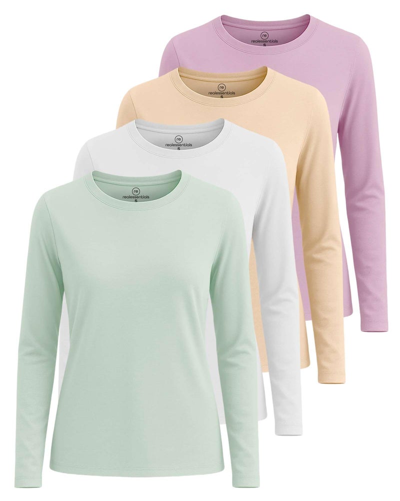 REALESSENTIALS Real Essentials 4 Pack: Women's Cotton Classic-Fit Long-Sleeve Crewneck T-Shirt - Set 1, L - Image 1