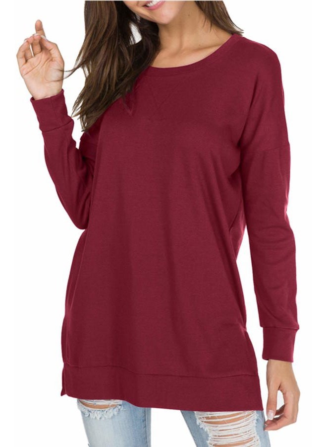 levaca Womens Round Neck Solid Side Split Loose Casual Plus Sweatshirt Wine L - Image 2