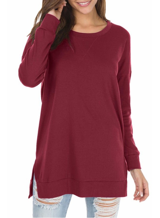 levaca Womens Round Neck Solid Side Split Loose Casual Plus Sweatshirt Wine L - Image 1