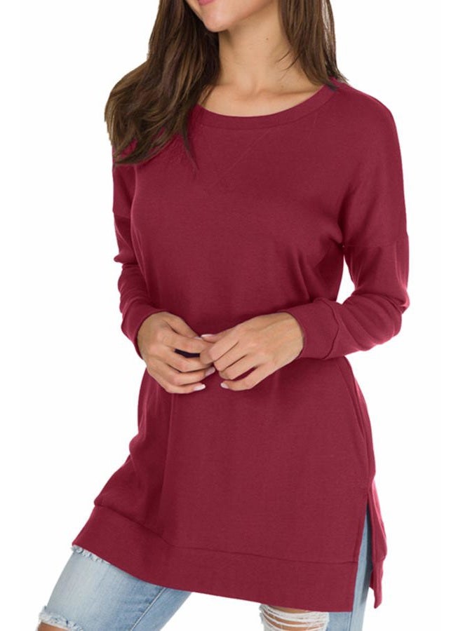 levaca Womens Round Neck Solid Side Split Loose Casual Plus Sweatshirt Wine L - Image 3