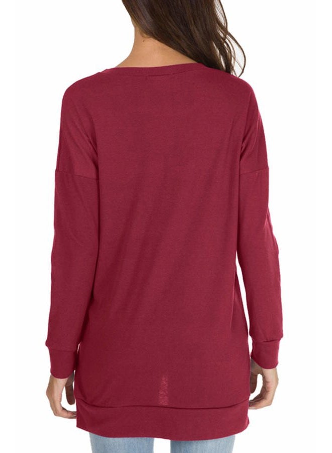 levaca Womens Round Neck Solid Side Split Loose Casual Plus Sweatshirt Wine L - Image 4