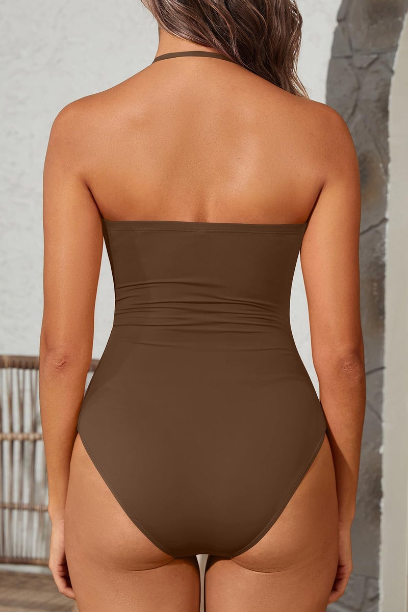 Holipick Women Brown One Piece Swimsuits Tummy Control Bathing Suits Halter Strapless Bandeau Swimwear M - Image 3