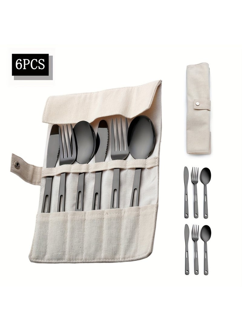 Mmmon Stainless Steel Tableware Set with Scroll Storage Bag, Including Knife, Fork and Spoon for Outdoor Camping Picnic - Image 1