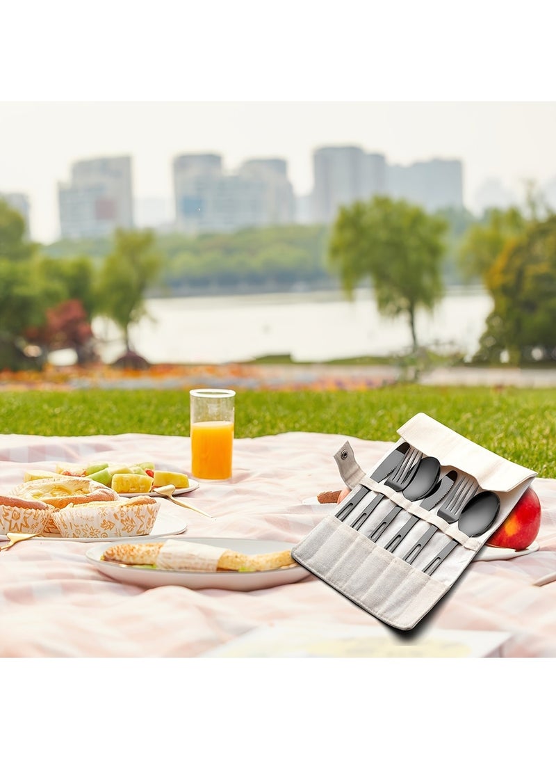 Mmmon Stainless Steel Tableware Set with Scroll Storage Bag, Including Knife, Fork and Spoon for Outdoor Camping Picnic - Image 5