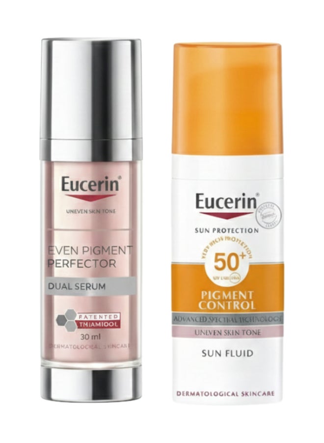 Eucerin Pigment Spot Correction & Sun Protection Set – Even Pigment Perfector Dual Face Serum Cream 30ml & Face Sunscreen Even Perfector Pigment Control Sun Fluid SPF50+ 50ml – Pigment Spot Reduction & High UVA/UVB Protection for Uneven Skin Tone - Image 1