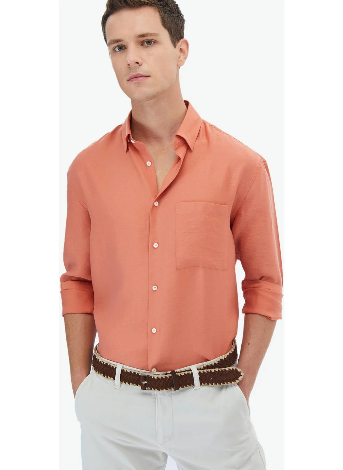 Kip Orange Plain Oversize Fit Woven Casual Shirt