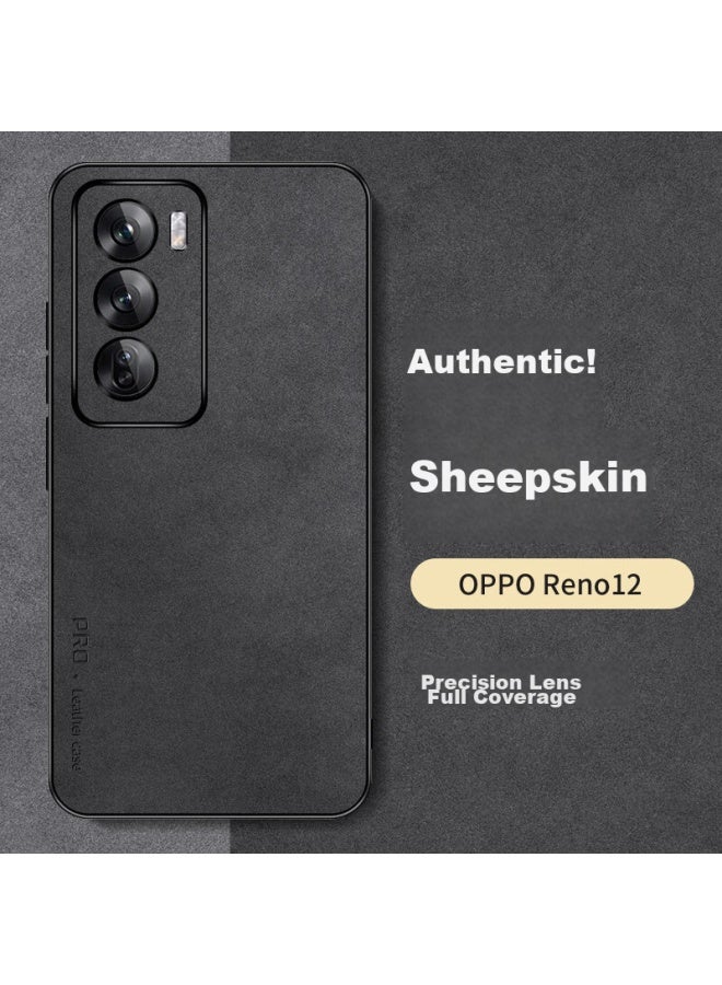 Shangsu, Suitable For Oppo Reno 12 Phone Case, Oppo Reno 12 Protective Cover, Shockproof, Full Lens Protection, Soft Shell, Simple Luxury Lambskin Outer Case, For Women And Men, Leather Case, Black - Image 1