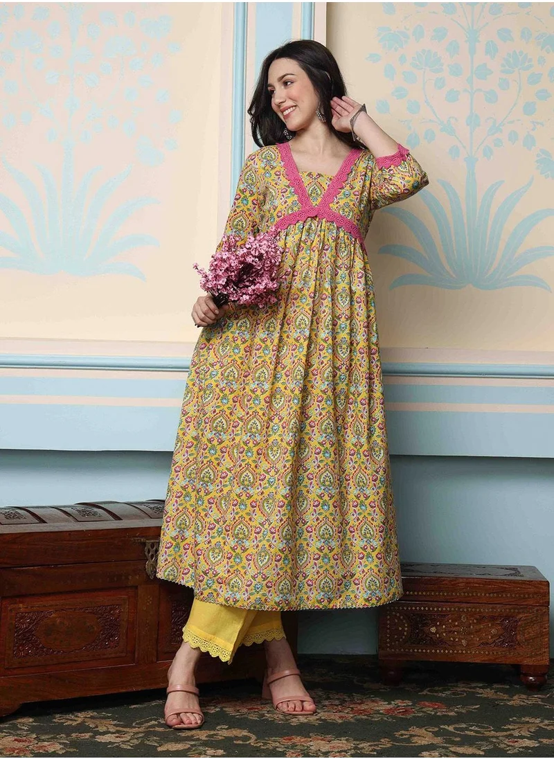 ISHIN Women's Yellow 100% Cotton Embellished Tunic Full Length Palazzo Straight Fit Kurta Set