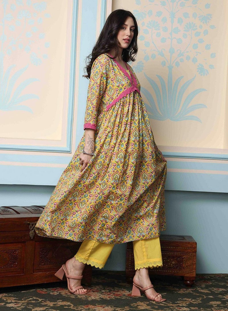 ISHIN Women's Yellow 100% Cotton Embellished Tunic Full Length Palazzo Straight Fit Kurta Set  - Image 3