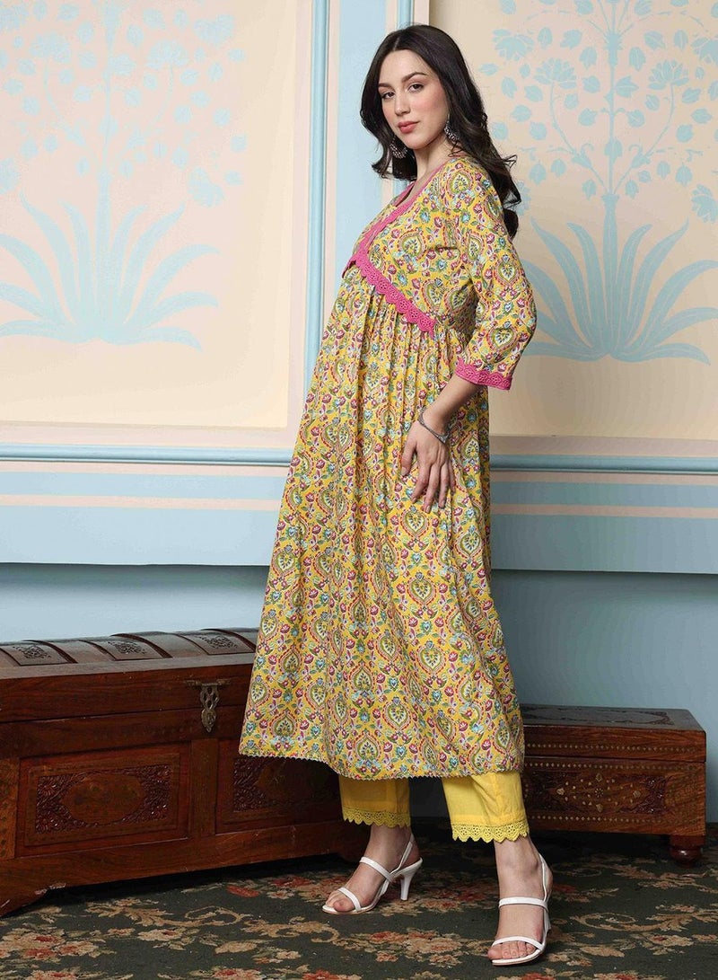 ISHIN Women's Yellow 100% Cotton Embellished Tunic Full Length Palazzo Straight Fit Kurta Set  - Image 5