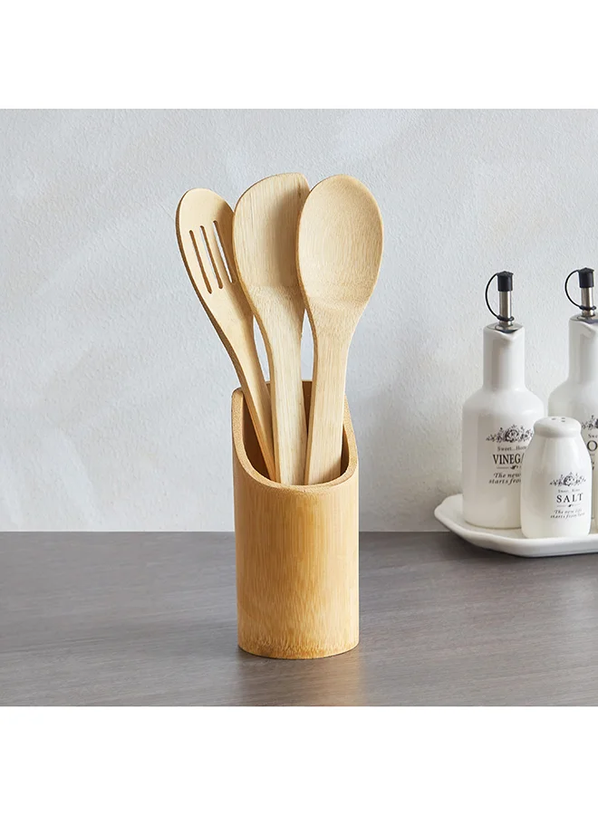 Home Box Bamboo Kitchen Tool 4-Piece Set with Holder 7.3x16.5x7.3 cm
